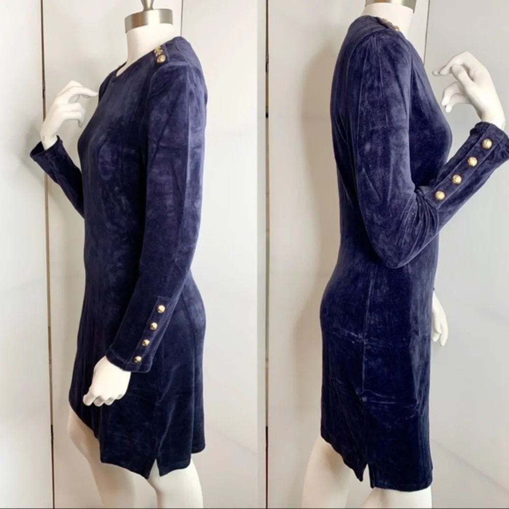 Juicy Couture Gold Button Blue Stretch Velvet Dress